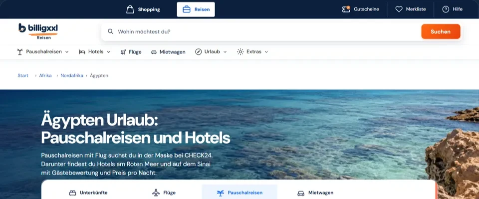 Ausschnitt der bestehenden Ägypten-Seite: Navigation, Meer und Einstieg in die Suche.