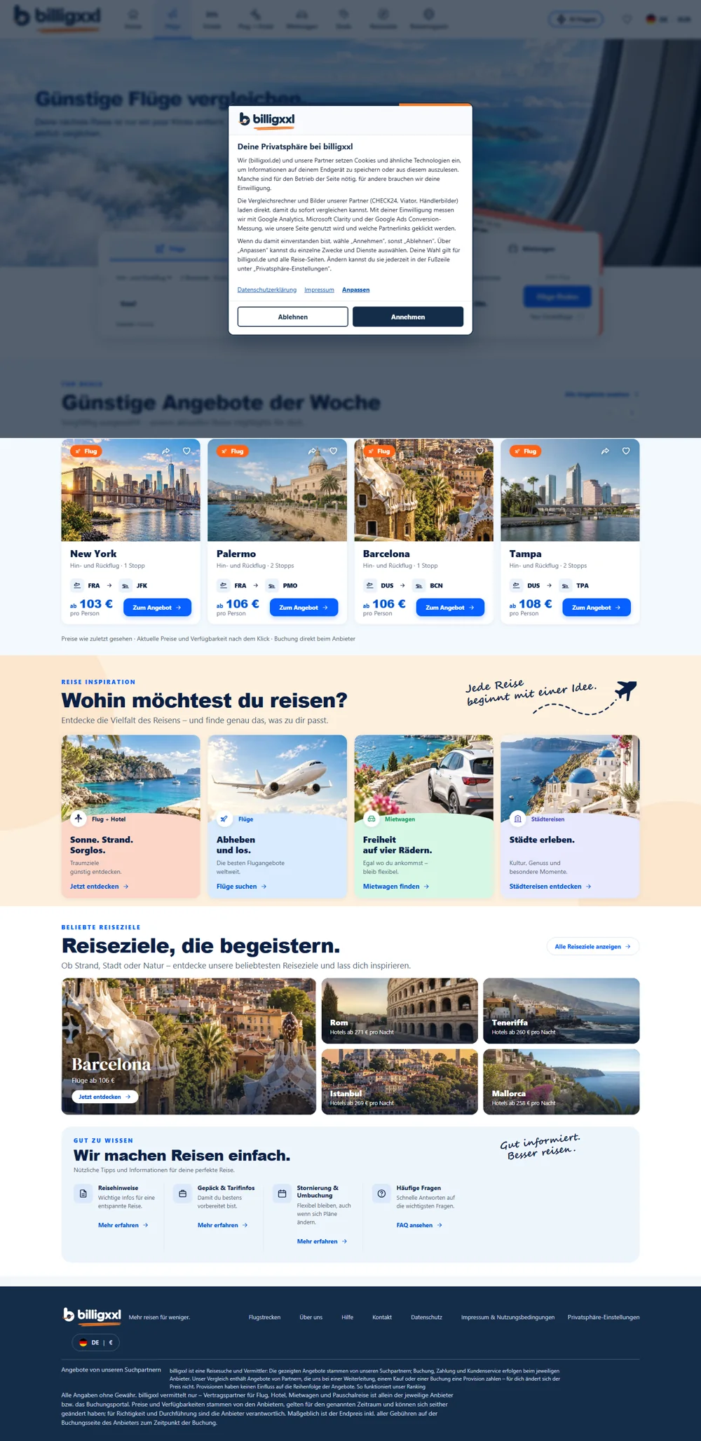 Bereitgestellte Aufnahme des Flugmoduls mit Datenschutzauswahl und Reiseangeboten.